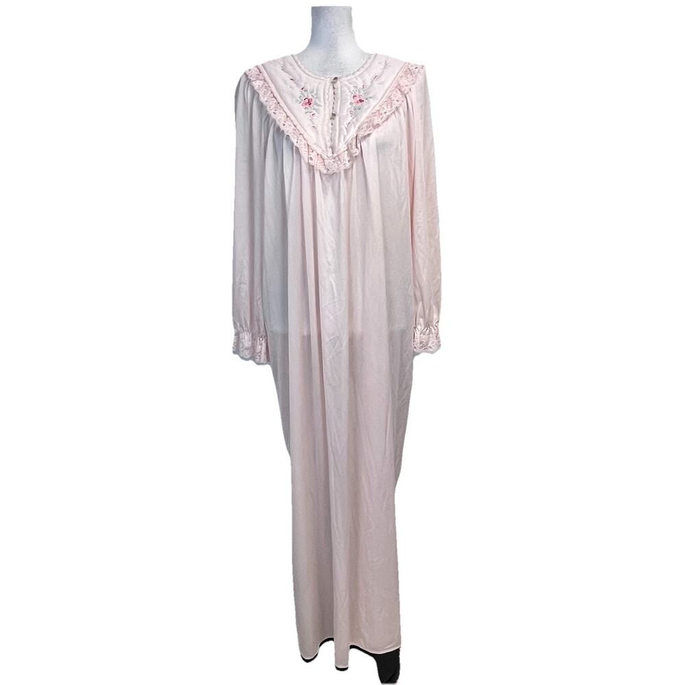 Vintage Katz Nightgown House Long Dress size Large Pink Lace Floral Embroidery